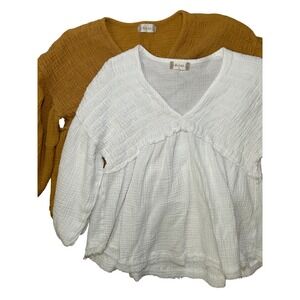 Alter'd State TWO Gauze Boho Peasant‎ Tunic Mustard White V Neck Size S